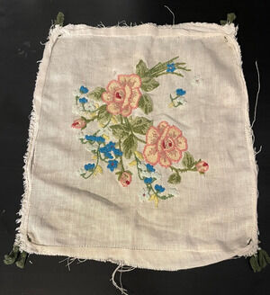 Vintage Handmade Embroidered Linen Floral Pillow Front Panel Cottagecore 60s